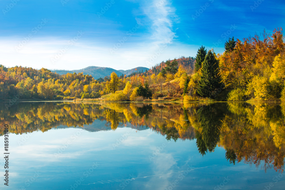 Mrzla vodica lake and Risnjak mountain, autumn landscape, Gorski kotar, Croatia Mrzla vodica lake and Risnjak mountain, autumn landscape, Gorski kotar, Croatia