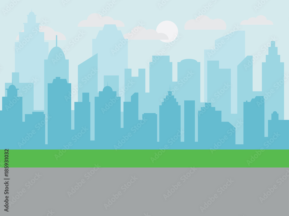 Abstract city building skyline with road and grass. Buildings silhouette. Urban Landscape. Cityscape background in flat style. Modern city landscape.