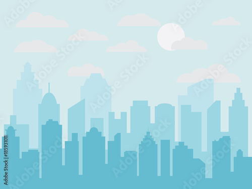 Abstract city building skyline with road and grass. Buildings silhouette. Urban Landscape. Cityscape background in flat style. Modern city landscape. photo