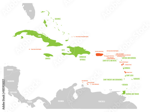 Political map of Carribean. Green highlighted sovereign states and orange dependent territories. Simple flat vector illustration.