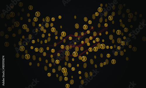 Bitcoin security business background. Bitcoin crypto mining data visualization. Business wallet scheme, security currency exchange, vector model. Crypto virtual payment finance. Gold money trading.