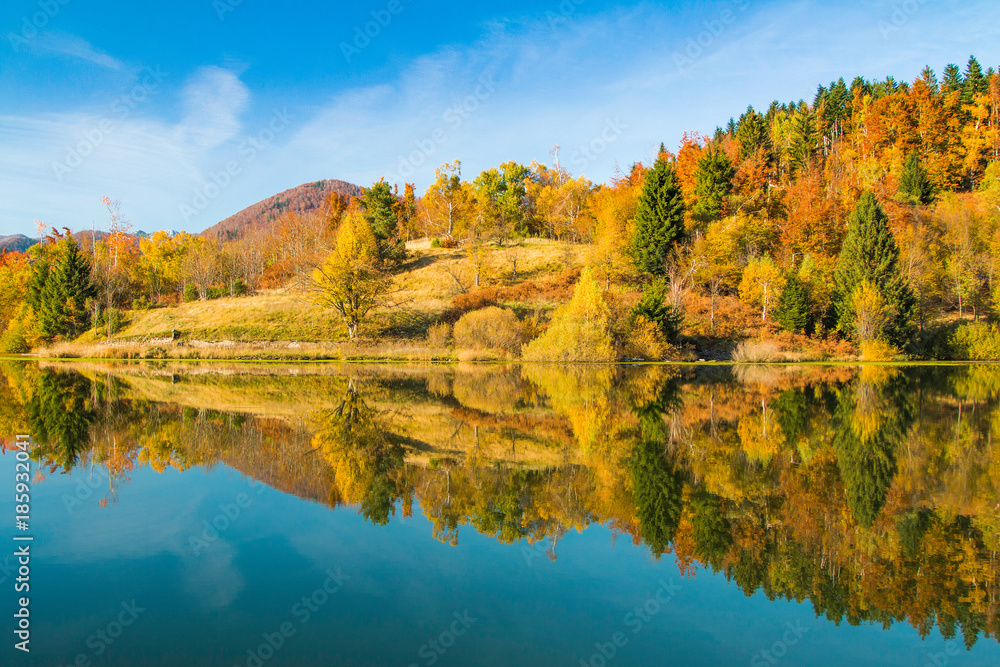     Mrzla vodica lake and Risnjak mountain, autumn landscape, Gorski kotar, Croatia 