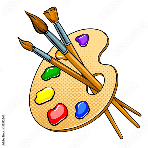 Palette with paints and brushes pop art vector