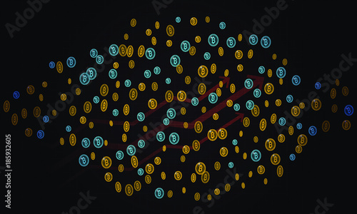 Bitcoins security business background. Bitcoin crypto mining visualization. Business wallet background, security currency exchange, vector model. Crypto virtual payment finance. Gold money trading.