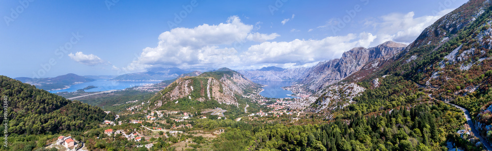 Panoramic aerial view on Kator bay and the city of Kotor. Montenegro.
