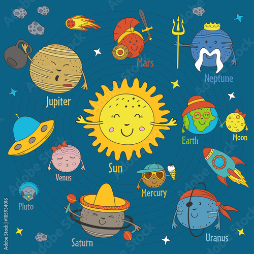 Cartoon funny solar system - vector illustration, eps