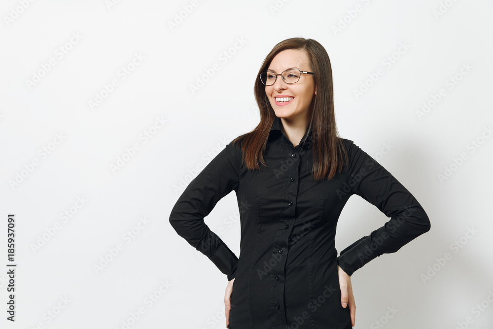 Beautiful happy caucasian young smiling brown-hair business woman in black classic shirt, skirt, glasses isolated on white background close up. Manager, worker, student. Copy space for advertisement. Beautiful happy caucasian young smiling brown-hair business woman in black classic shirt, skirt, glasses isolated on white background close up. Manager, worker, student. Copy space for advertisement.