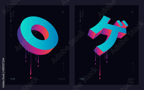 Modern abstract geometric design. Circle and japanese letter «Ge». Futuristic posters flyers with liquid ink splashes. Eps 10 vector illustration