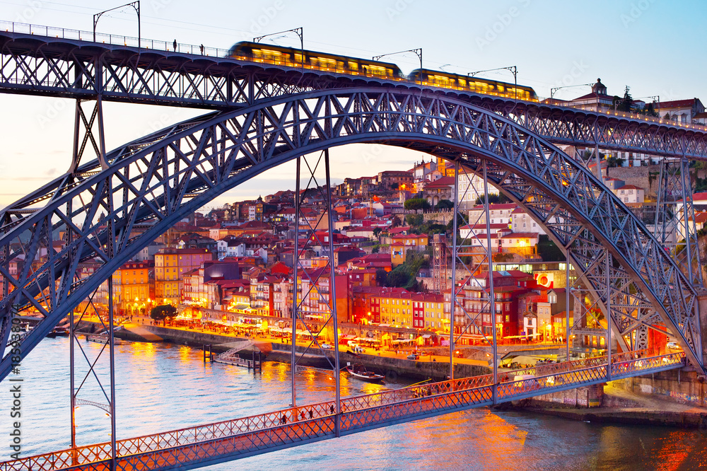 Tram on, tram bridge. Porto, Portugal