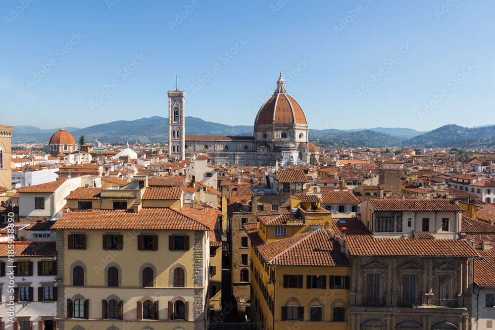 Cattedrale di Santa Maria del Fiore and red roofs of Florence in a sunny day, Tuscany, Italy.