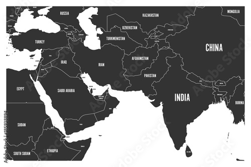 Political map of South Asia and Middle East countries. Simple flat vector map in grey.