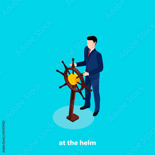 a man in a business suit is holding a ship's steering wheel, an isometric image
