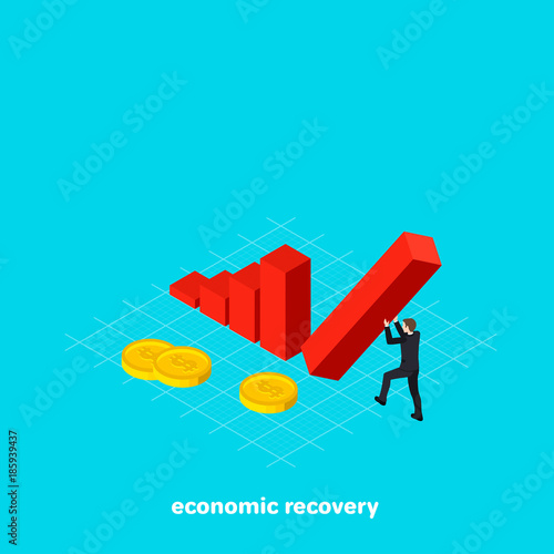 a man in a business suit holds a falling column with his hands, an isometric image