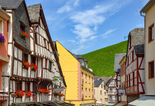 Moselle Valley Germany: View to market square and timbered houses in the old town of Bernkastel-Kues, Germany Europe