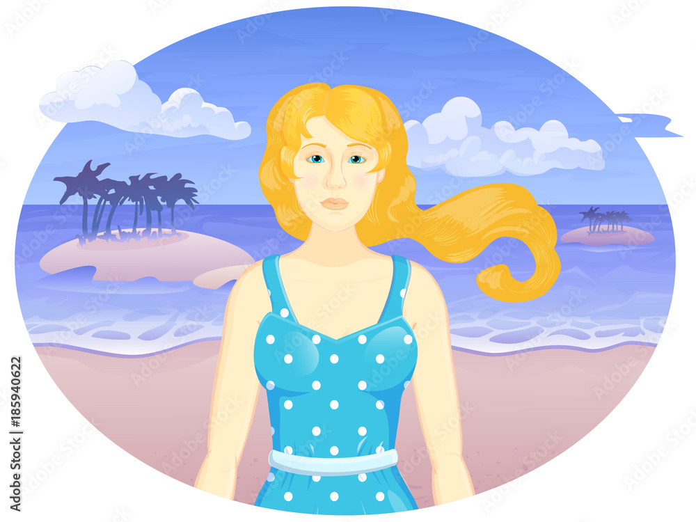 Vector cartoon girl on th beach in the oval