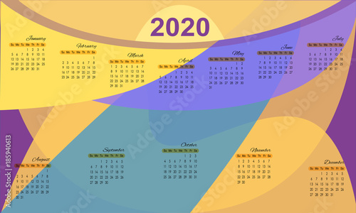 Vector calendar 2020 on the geometric imposition of translucant colors background