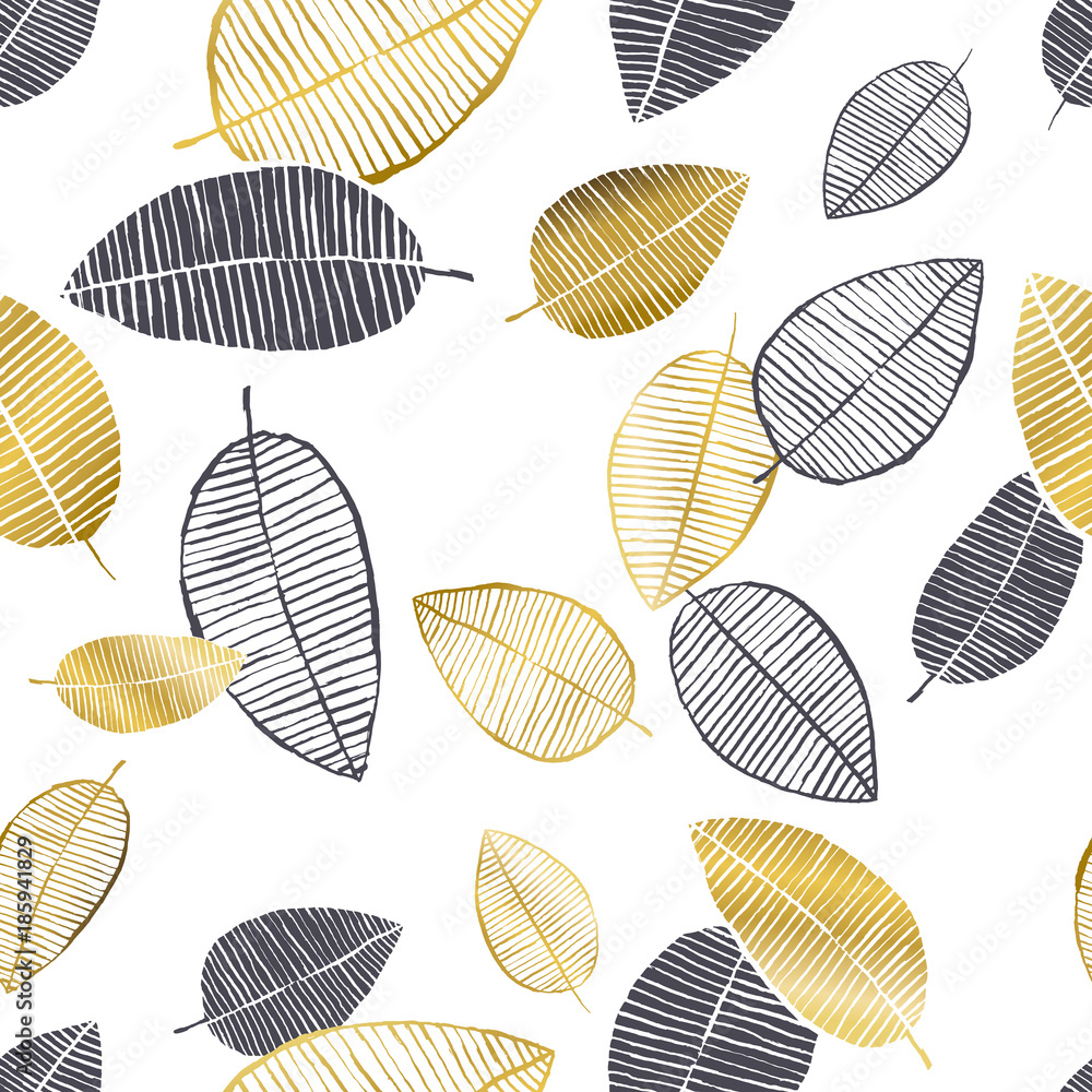 Fototapeta Vector seamless pattern with hand drawn golden, black, white watercolor and ink leaves. Trendy scandinavian design