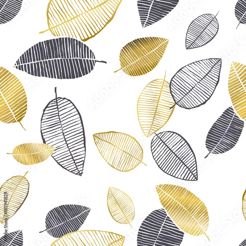Tapety Wektorowy bezszwowy wzór z ręka rysującymi złotymi, czarnymi, białymi akwareli i atramentu liśćmi. Modny skandynawski design