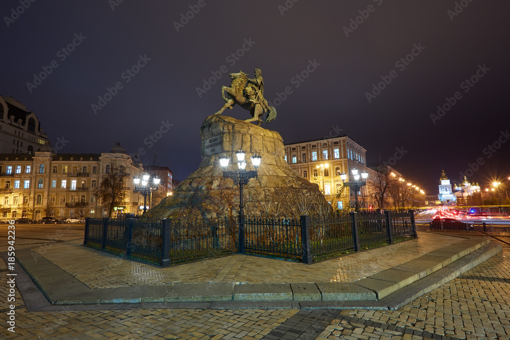 Evening summer scenery of Sofia Square with Bohdan Khmelnytsky statue monument
