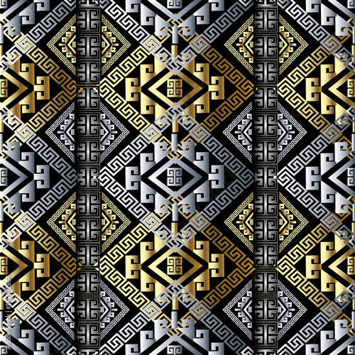 Modern meander greek key seamless pattern. Vector black geometric striped background wallpaper with gold silver borders, tribe rhombus, ethnic ornaments. Abstract texture in aztec style. Trendy design