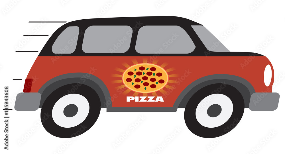 A cartoon pizza delivery vehicle is speeding towards it's destination