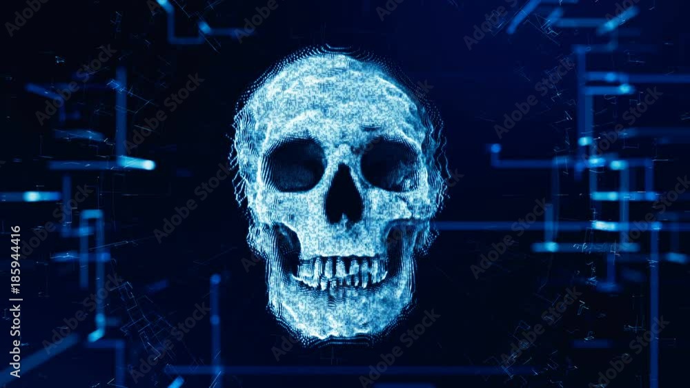 Concept of computer virus. Skull made of binary code. Animation ddos hacker attack. Concept of computer virus. Skull made of binary code. Animation ddos hacker attack.