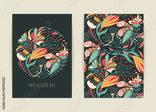 Cover design with floral pattern. Hand drawn creative flower. Colorful artistic background with blossom. It can be used for invitation, card, cover book, catalog. Size A4. Vector illustration, eps10