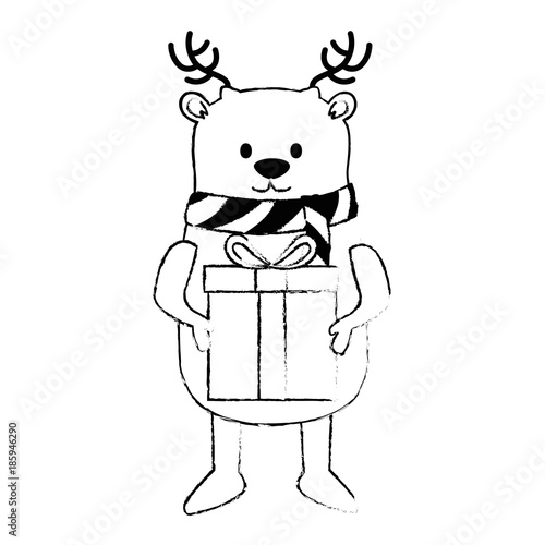 cute reindeer with gift christmas character vector illustration design