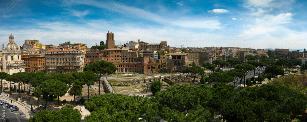 Spectacular panorama of the old town of Rome, Italy, including the ancient  Roman forum and the Coliseum