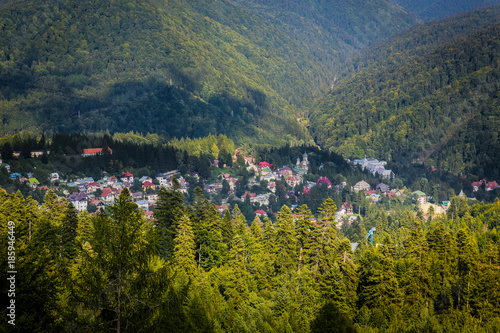 Wide angle view of the Sinaia village in the Transylvanian countryside, Romania 