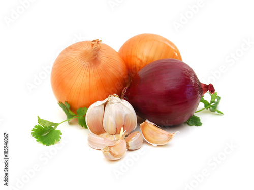 Onions and garlic isolated on white