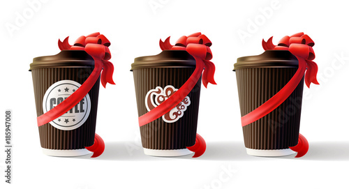 Coffee Ripple Cups with Red Bows Isolated on White Background