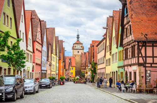 Beautiful streets in Rothenburg ob der Tauber with traditional German houses, Bavaria, Germany