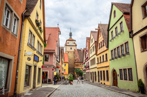 Beautiful streets in Rothenburg ob der Tauber with traditional German houses  Bavaria  Germany