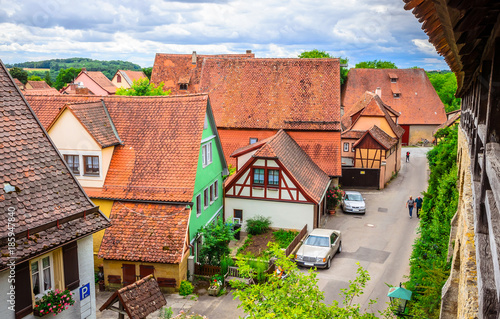 Beautiful streets in Rothenburg ob der Tauber with traditional German houses, Bavaria, Germany