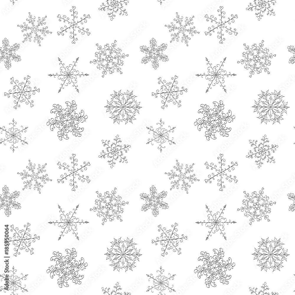Seamless pattern of hand-drawn black-and-white snowflake Seamless pattern of hand-drawn black-and-white snowflake