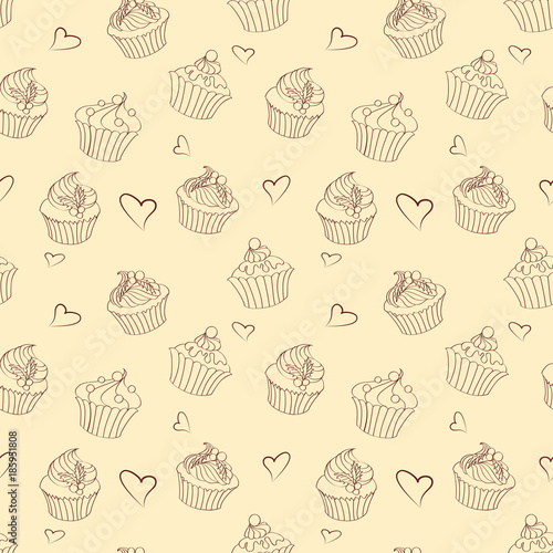 Seamless pattern of outlines delicious Christmas cupcakes