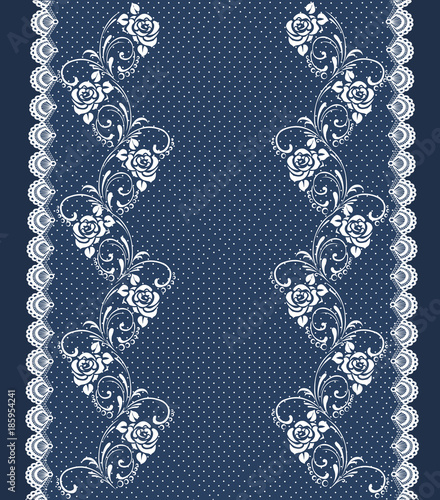 Vector floral border. Ribbon lace edging pattern. Curly flowers and a scattering of dots