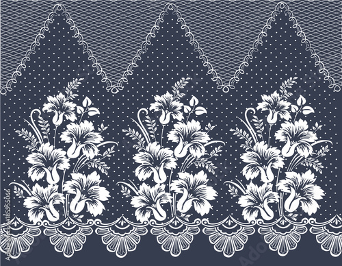 Vector floral pattern with mesh and dots. Bouquet on a background of tulle under the lace. Patterned border