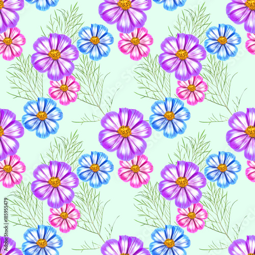 Cosmos. Seamless pattern texture of flowers. Floral background  photo collage