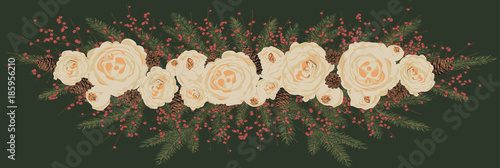 Christmas floral border. Bouquet of peonies on a spruce branch with cones. Festive decoration. Vector