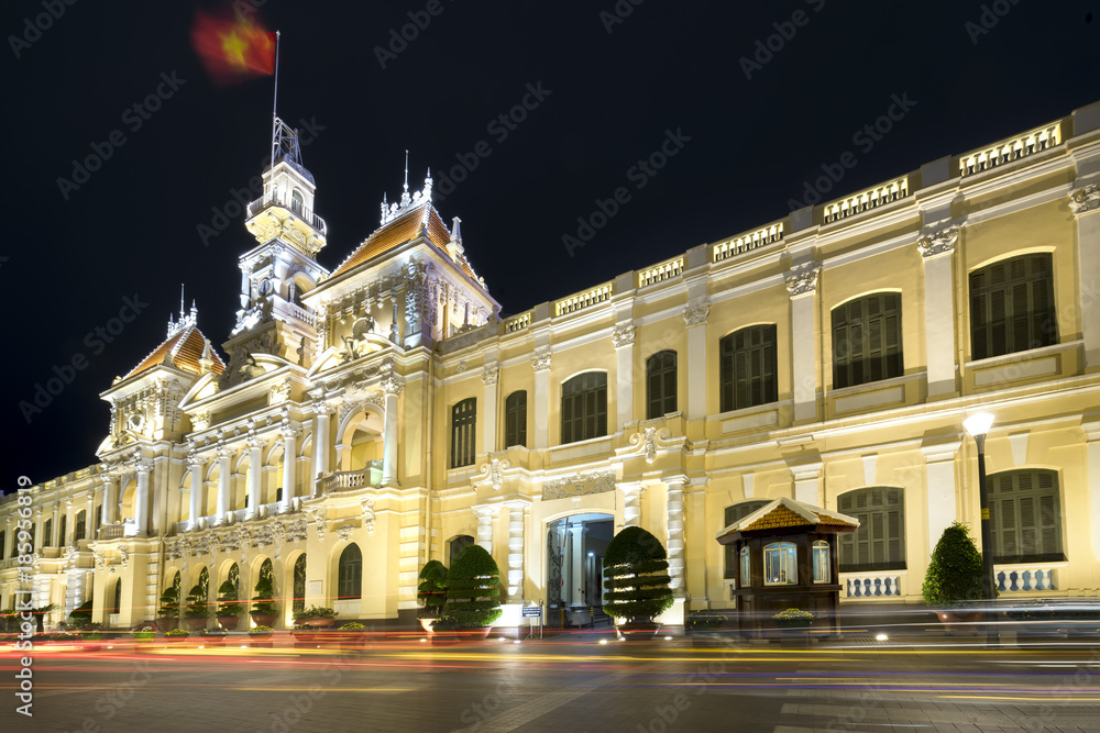 Ho Chi Minh City, Vietnam - December 21st, 2017: Architecture palace royal night, formerly property of French later People's Committees of attracting tourists sightseeing in Ho Chi Minh, Vietnam
