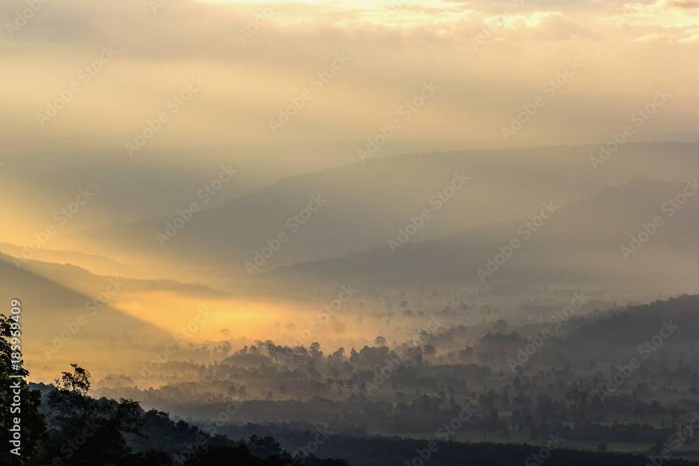 Beautiful mountain landscape under mist in the morning.
