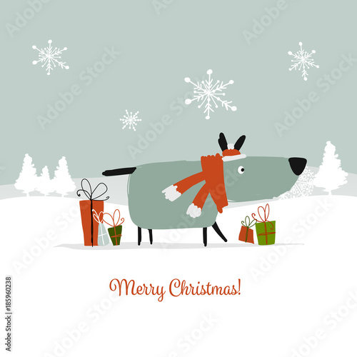 Christmas card, santa dog with gifts. Symbol of 2018