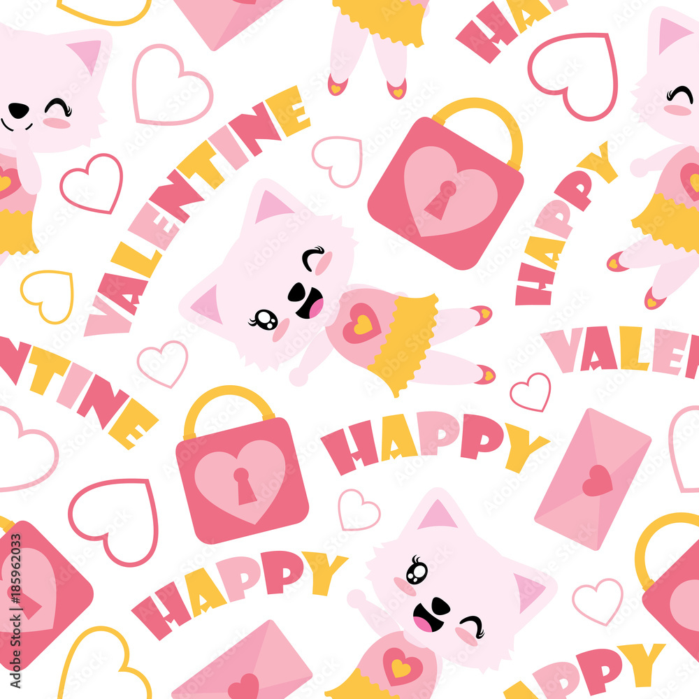 Seamless pattern of cute cat girl and Valentine elements vector cartoon  illustration for Valentine wrapping paper, kid fabric clothes, and  wallpaper Stock Vector