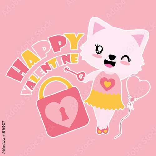 Cute cat girl with love padlock and key vector cartoon illustration for Happy Valentine card design, postcard, and wallpaper