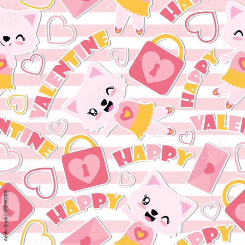 Seamless pattern of cute cat girl and Valentine elements on striped background vector cartoon illustration for Valentine wrapping paper, kid fabric clothes, and wallpaper