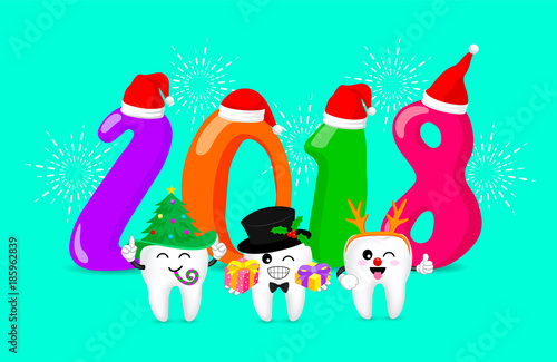 Cute cartoon tooth character set. Happy new year of twenty eighteen. Dental care concept.  Illustration isolated on green background.