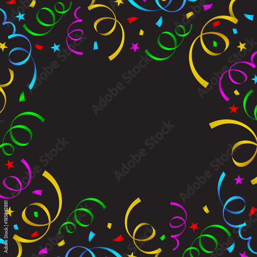 Colorful celebration background. Paper and ribbon with confetti. Vector Illustration isolated on black background.