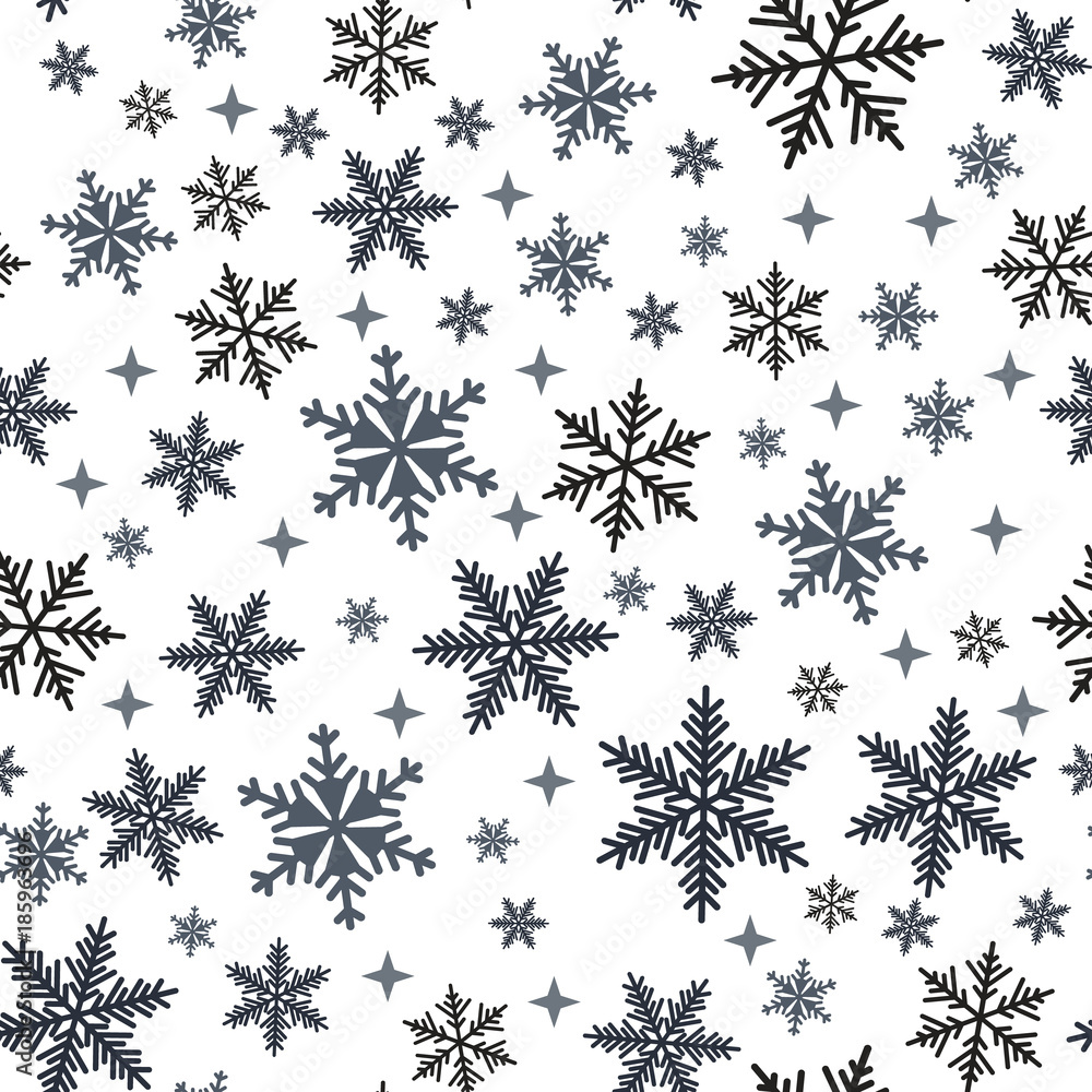 Snowflakes seamless pattern. Snow falls background. Symbol winter, Merry Christmas holiday, Happy New Year celebration Vector illustration